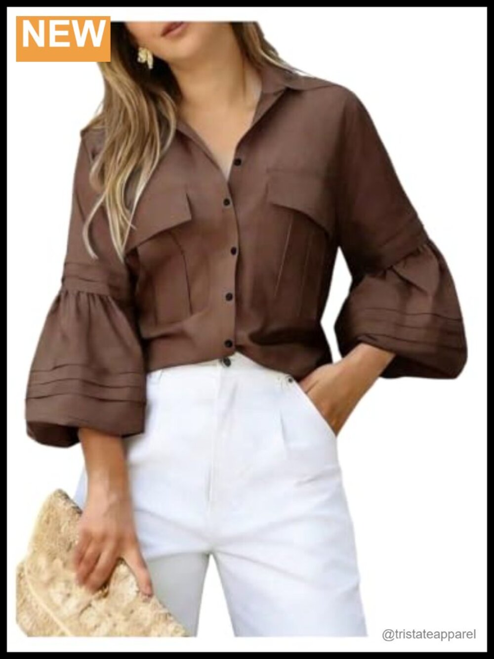 Collared 3/4 Bell Sleeve Button Down Blouse with Pockets